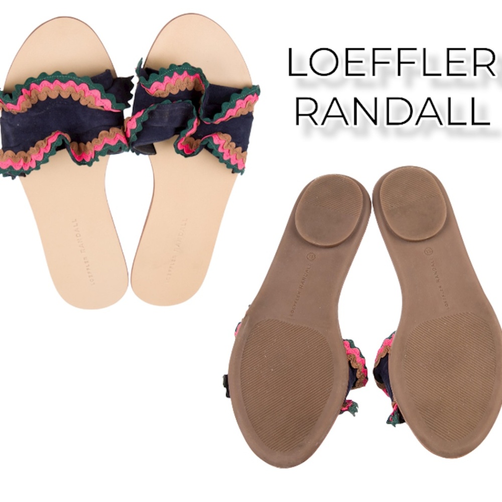 LOEFFLER RANDALL 'Birdie' Eclipse Suede Ruffle Flat Sandal Slides Sz 8.5